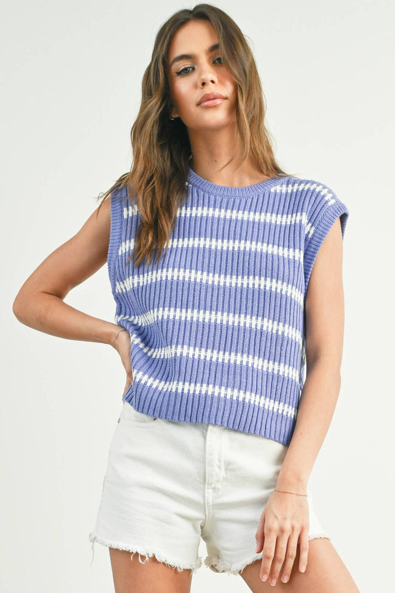 Crew Neck Striped Knit Tank Top in Ivory and Green