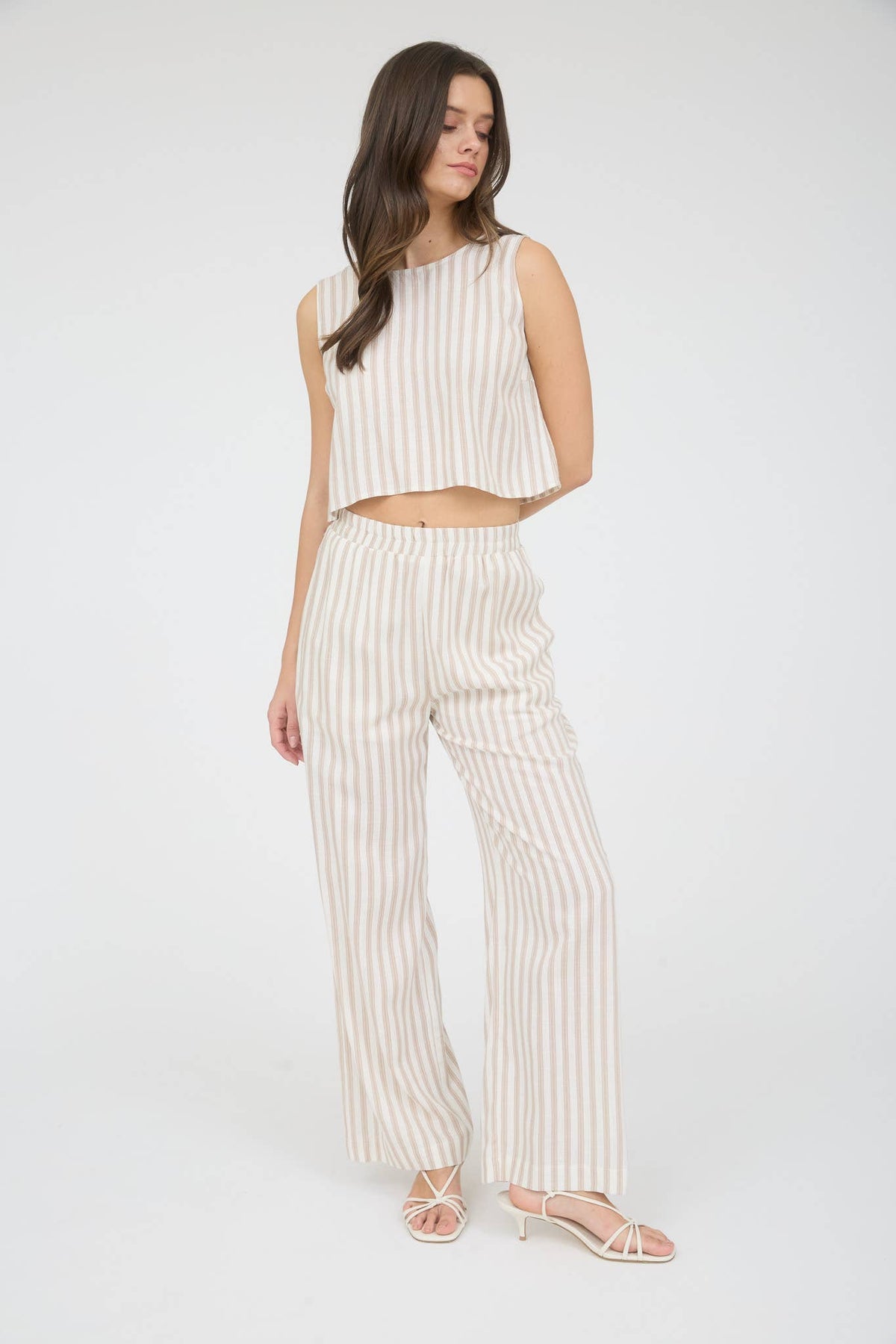 Stripe Linen Back Tie Detail Sleeveless Top in Khaki