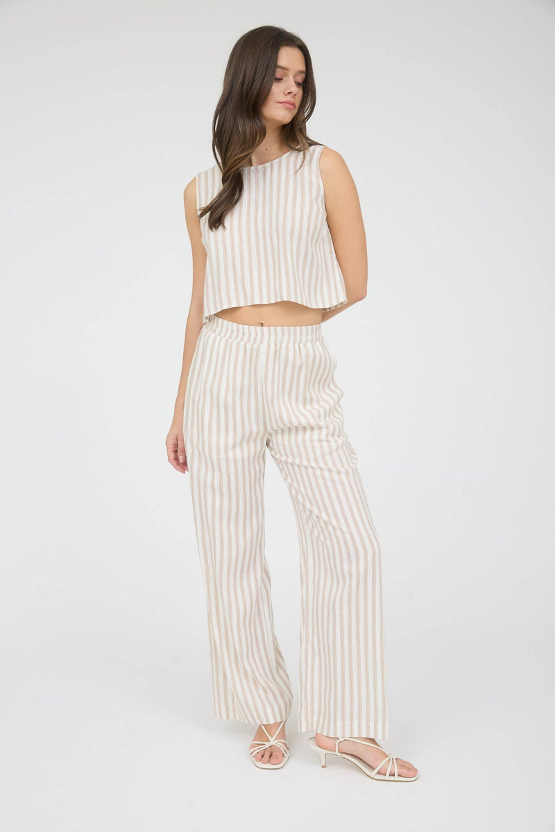 Stripe Linen Back Tie Detail Sleeveless Top in Khaki