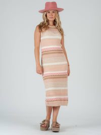 Pink Beige Crochet Mix Midi Tank Dress