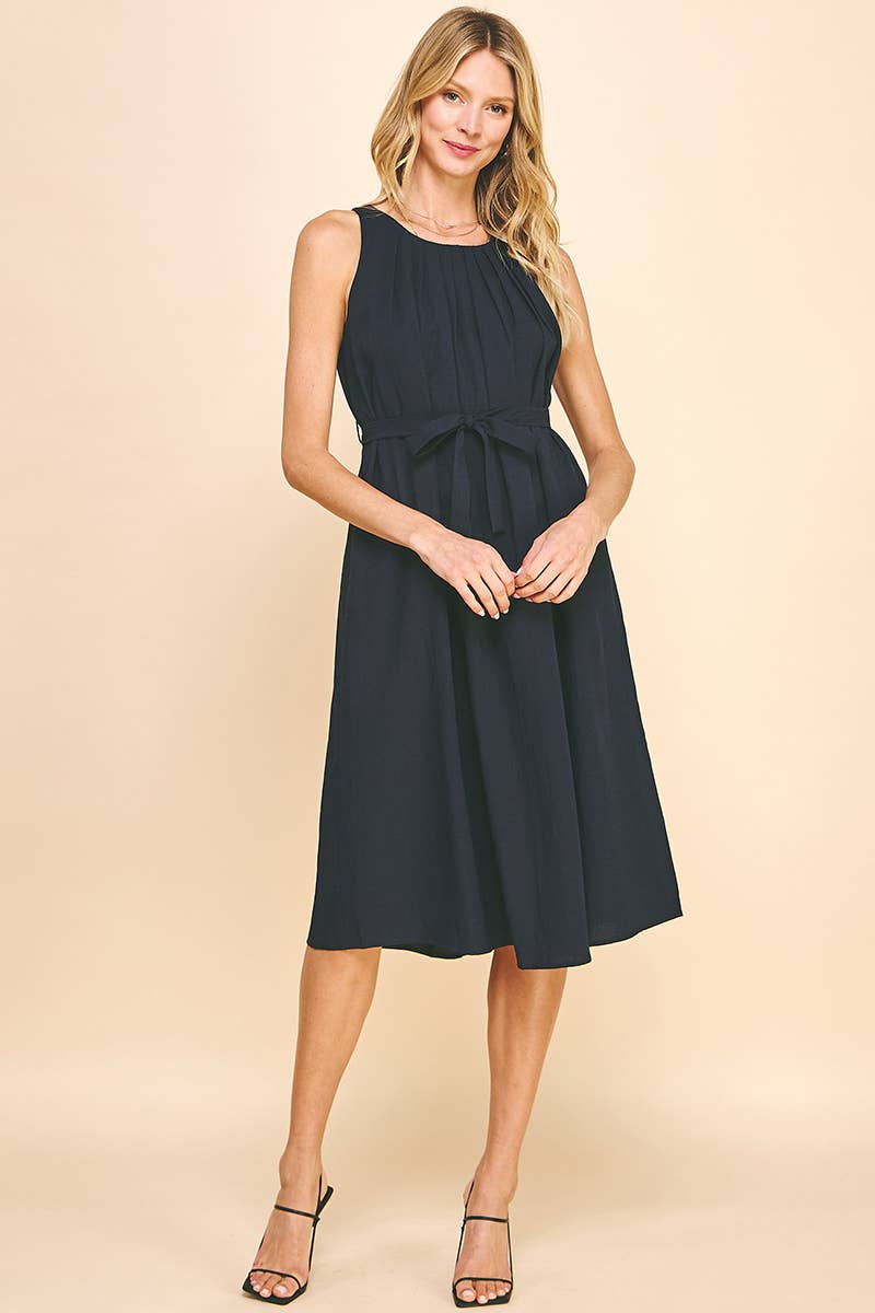 Sleeveless Pleated Midi Dress in Ink