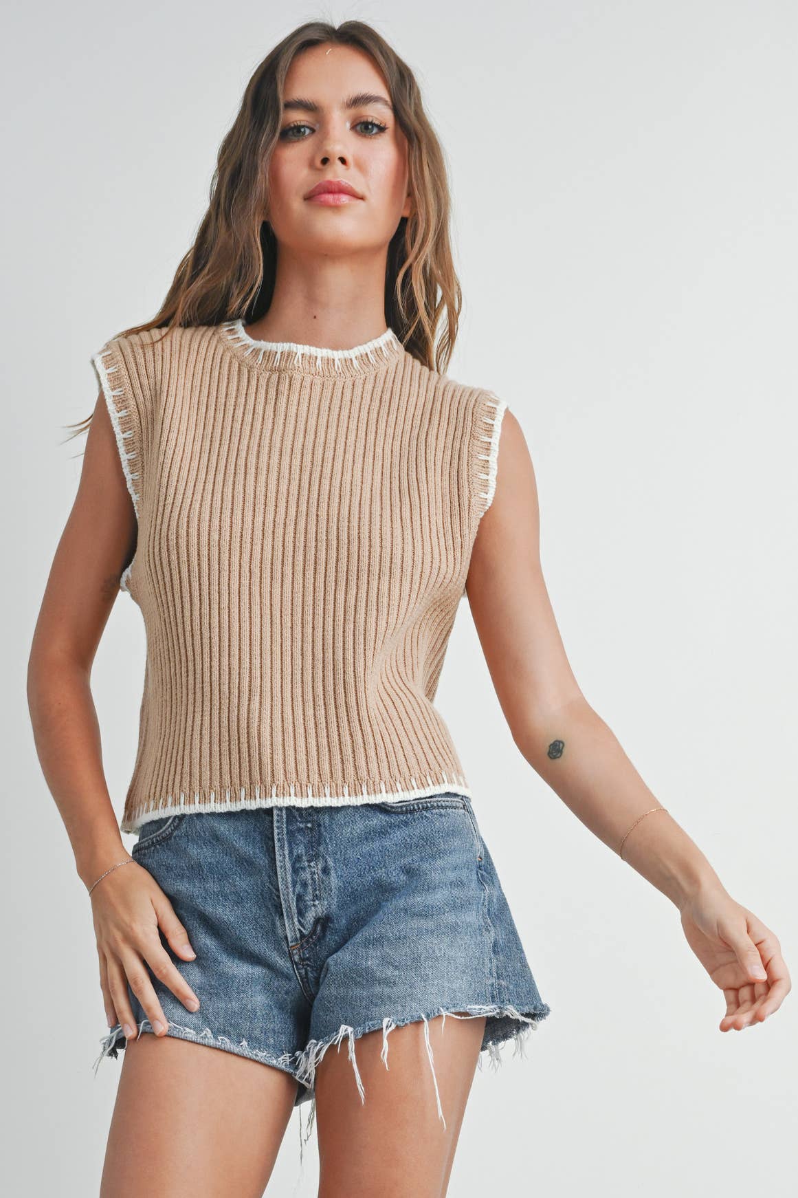 Solid Cap Sleeve Sweater Vest in Ivory and Black