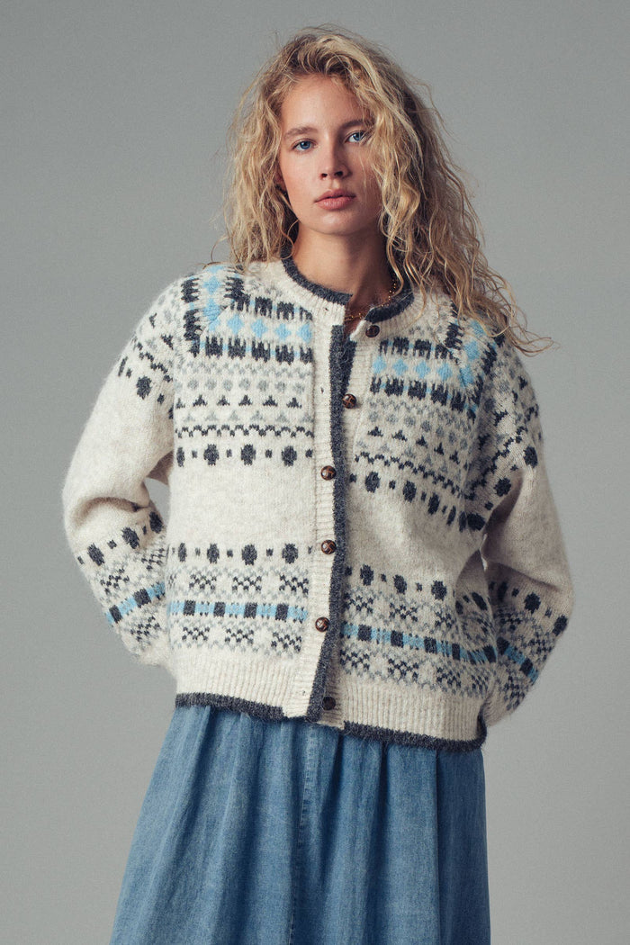 ** Nordic Pattern Button-Up Knit Cardigan in Ivory S/M-3:M/L-3