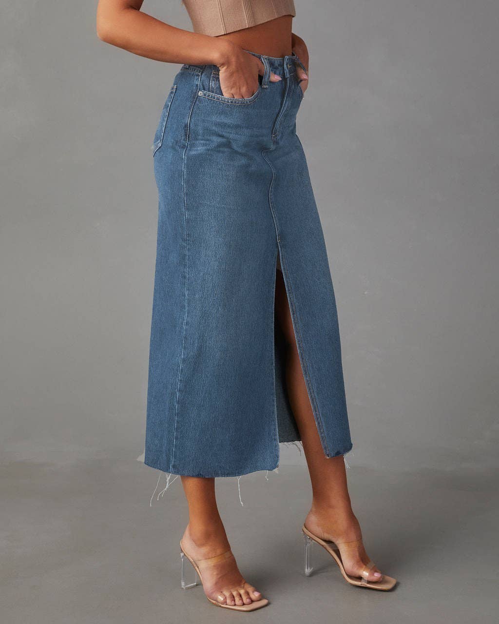 Slit Denim Midi Skirt in Light Blue