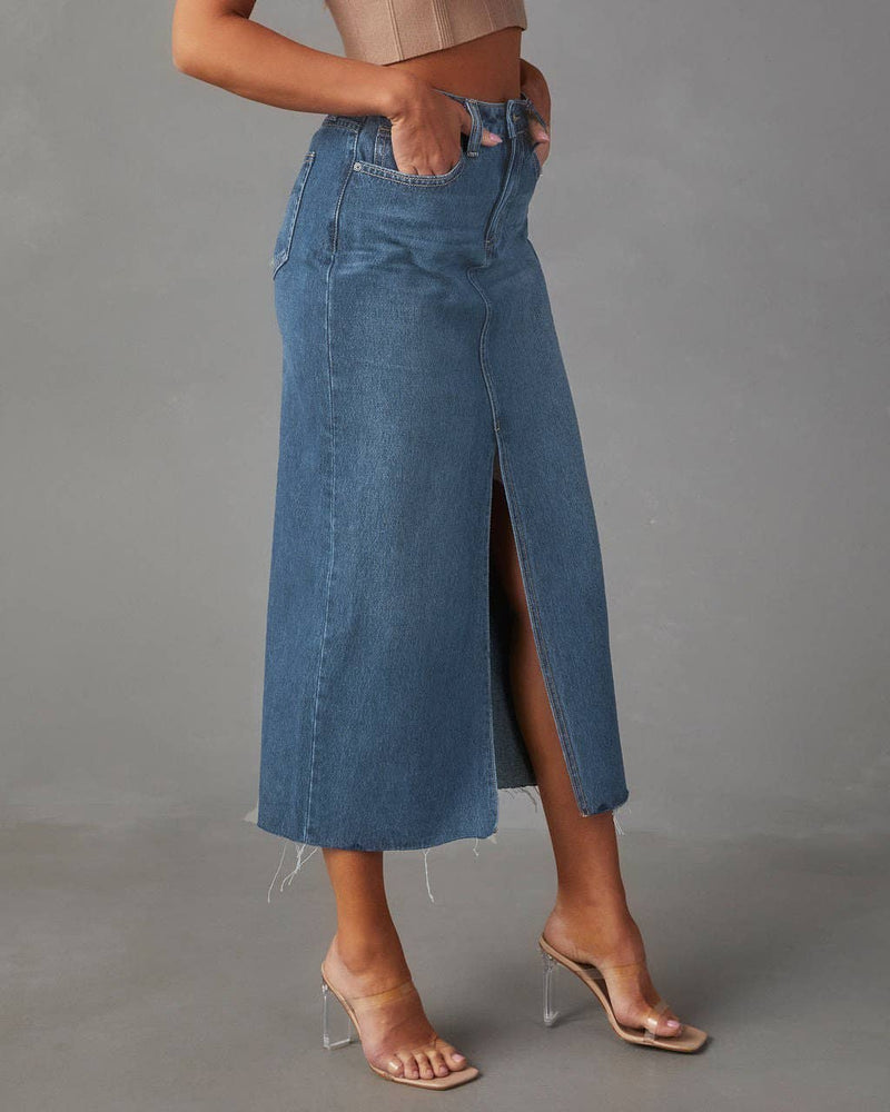 Slit Denim Midi Skirt in Light Blue