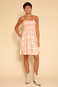 Smocked Floral Mini Dress Pink