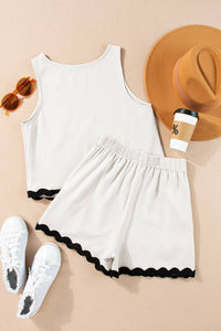 Ricrac Trim Tank Top Elastic Waist Shorts Set in White