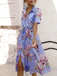 Summer Printed V-neck Short Sleeved Dress in Purple