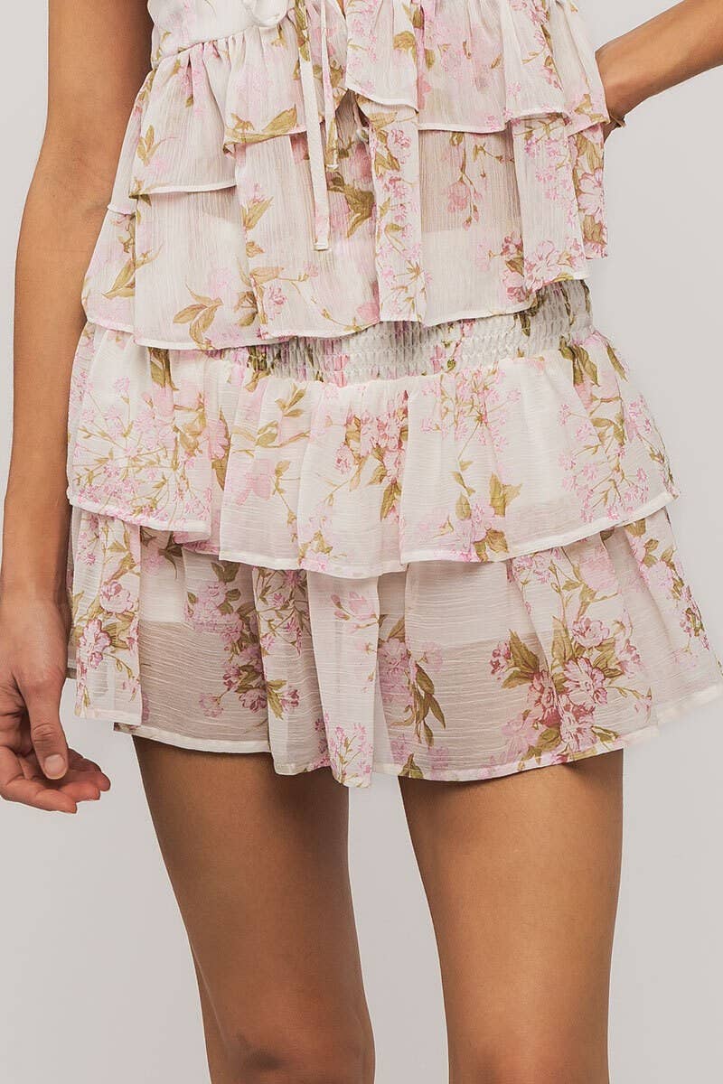 Ruffled Floral Summer Garden Mini Skirt in Pink