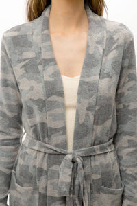 Tie-Waist Long Cardigan in Grey Camo