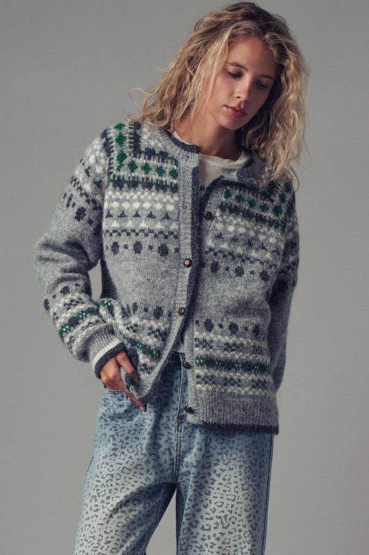 ** Nordic Pattern Button-Up Knit Cardigan: GREY / S/M-3:M/L-3