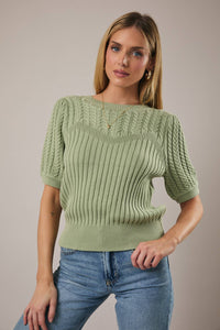 ROUND NECK PUFF SHORT SLEEVE CABLE SWEATER: APRICOT / M
