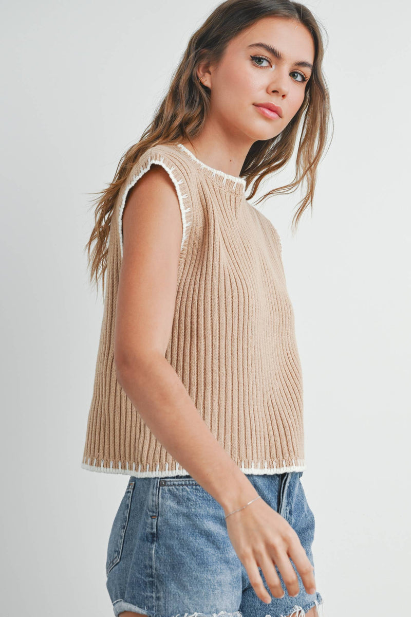 Solid Cap Sleeve Sweater Vest in Ivory and Black