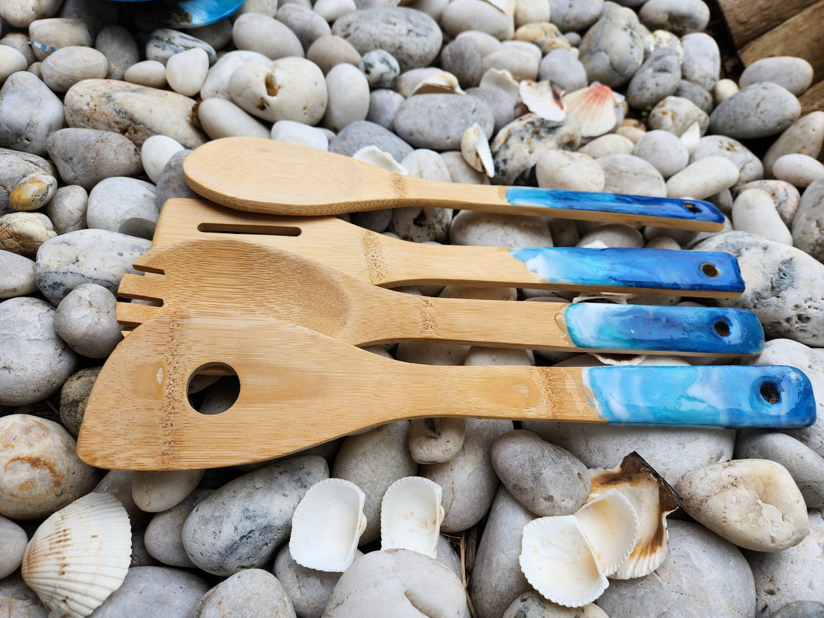 Wooden Serving Utensils with Ocean-themed resin design: Bamboo / navy / ocean theme