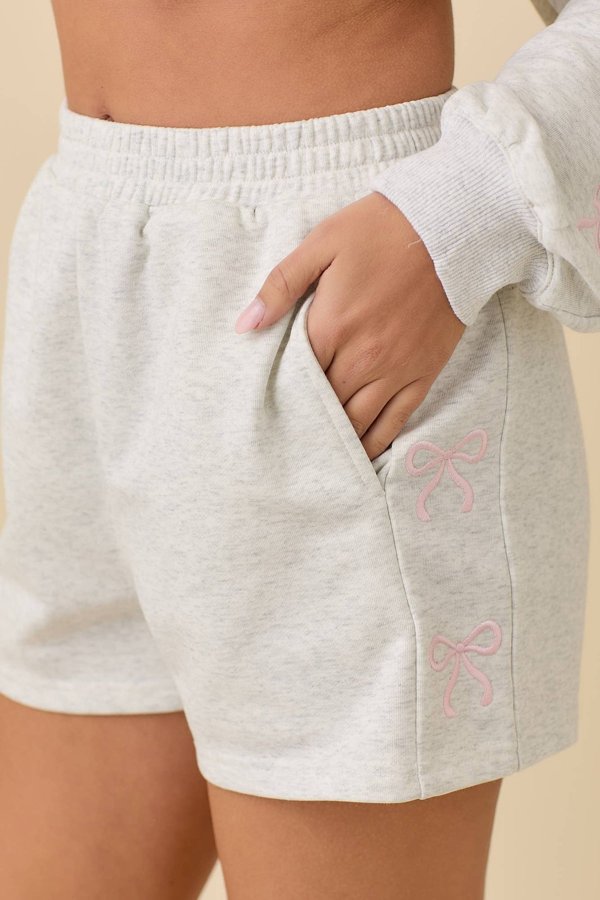 Knit Shorts With Side Ribbon Bow in Heather Grey