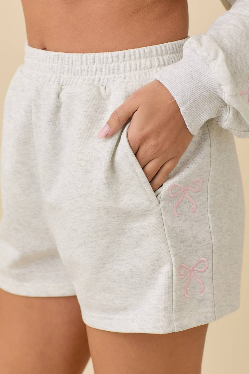 Knit Shorts With Side Ribbon Bow in Heather Grey
