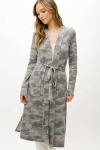 Tie-Waist Long Cardigan in Grey Camo
