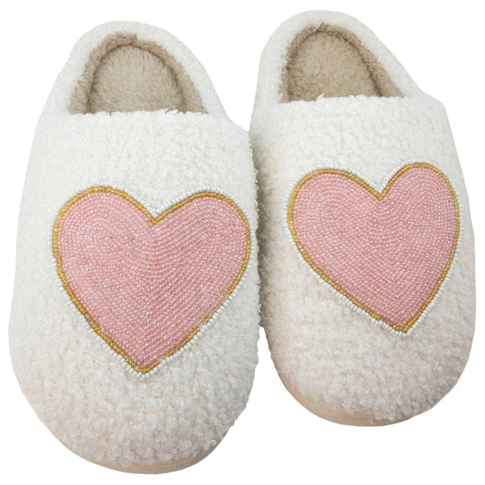 Beaded Pink & Gold Heart Slippers: White