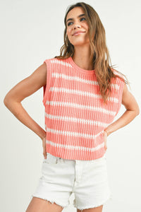 Crew Neck Striped Knit Tank Top in Ivory and Green