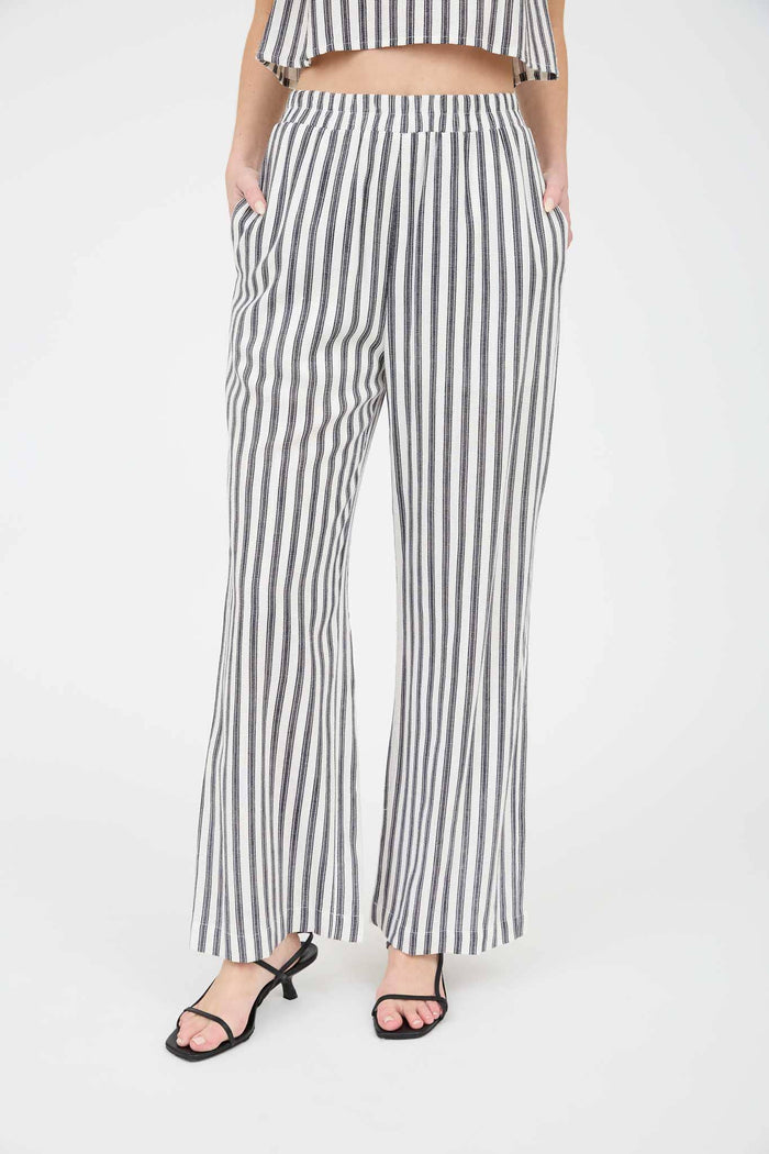 STRIPE LINEN WIDE LEG PANTS: NAVY
