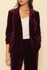 Velvet Blazer with Ruched Sleeves in Burgundy