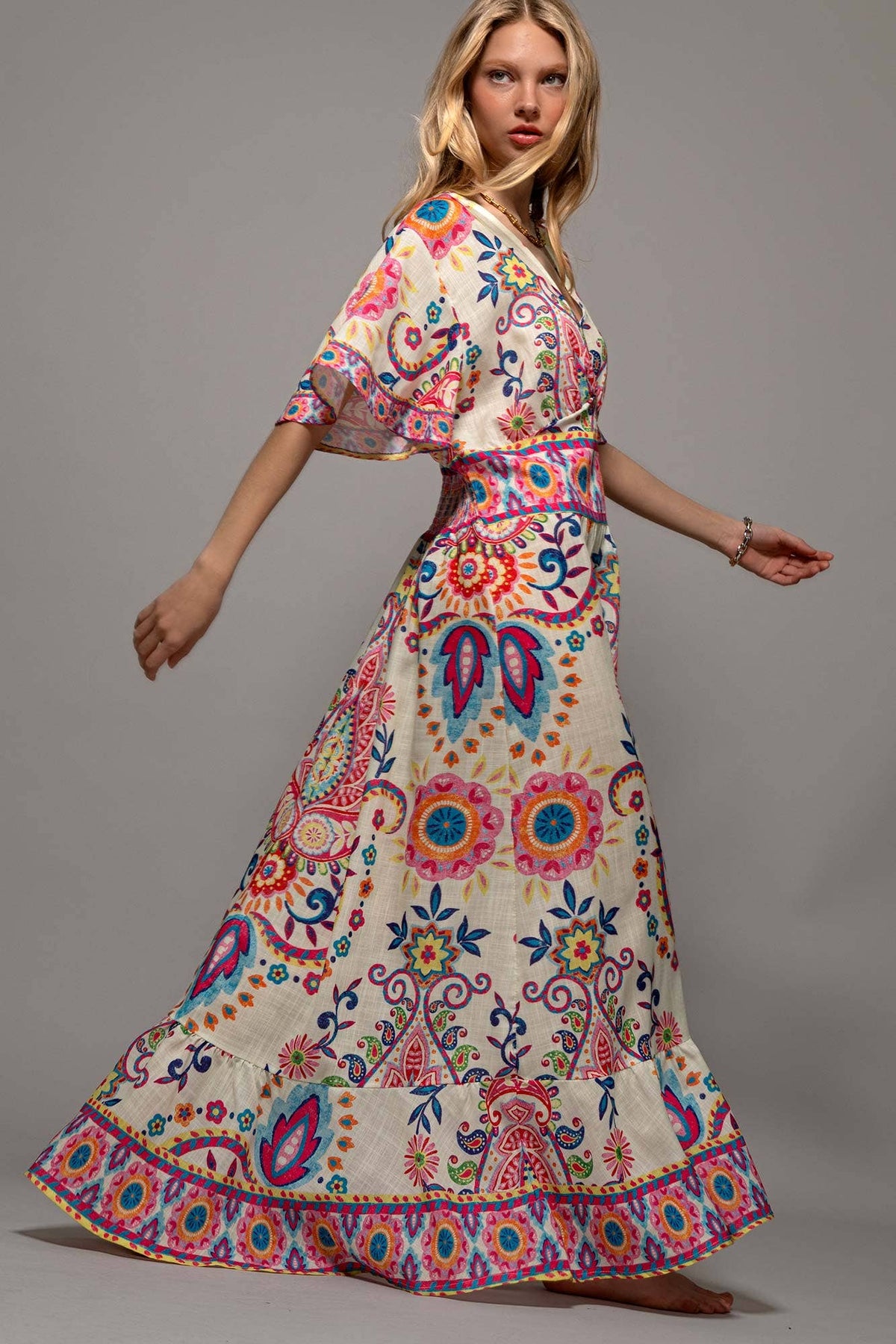 Paisley Flutter Sleeve Smocked Dress in Ivory