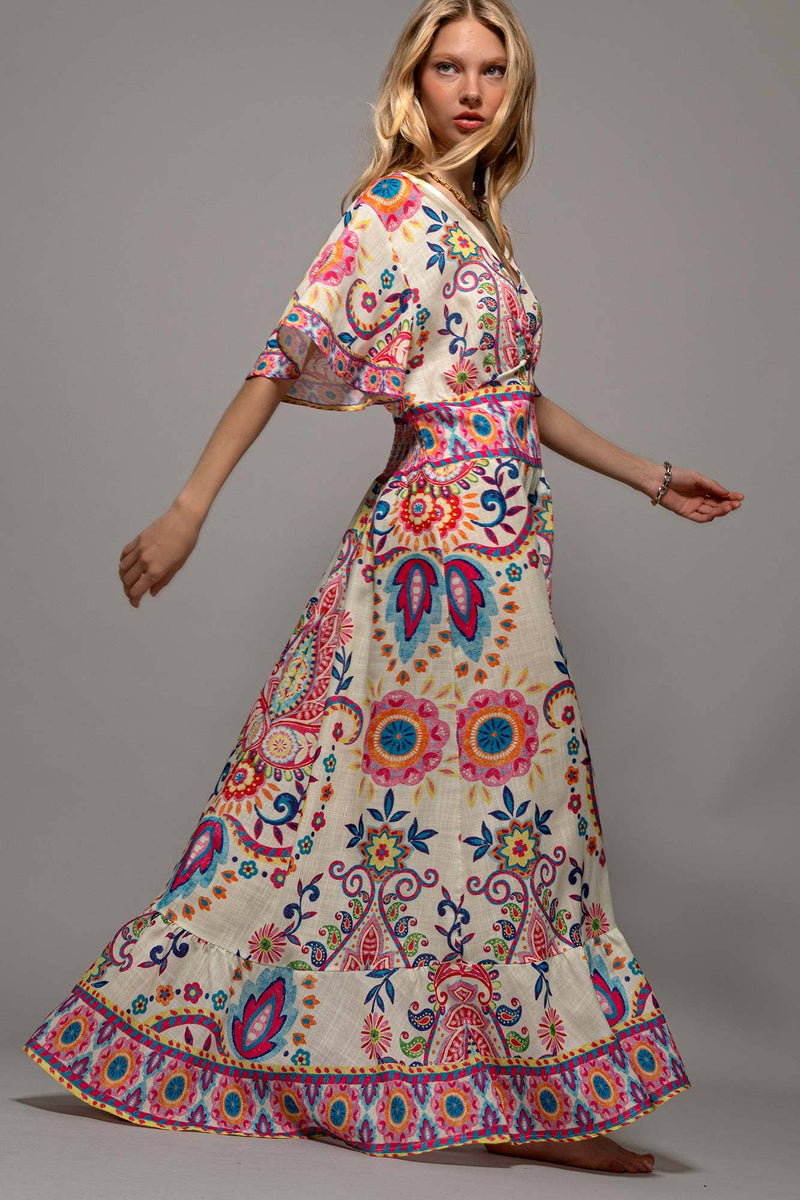 Paisley Flutter Sleeve Smocked Dress in Ivory