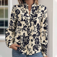 Vintage Printed Standing Collar Shirt in Navy Blue & White
