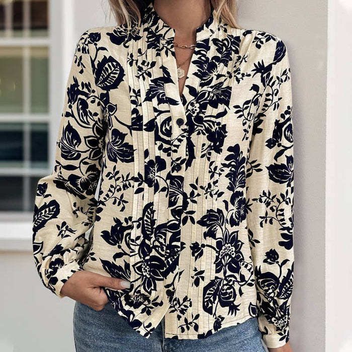 Vintage Printed Standing Collar Shirt in Navy Blue & White