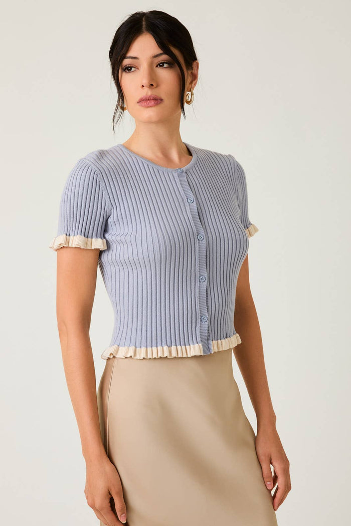 Button Down Ruffle Detail Ribbed Top in Dusty Blue-Cream