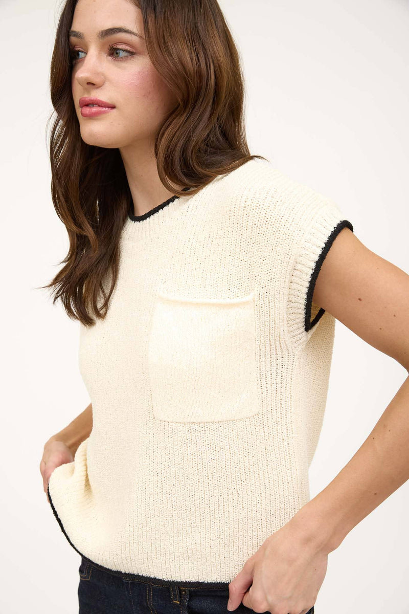 Contrast Trim Short Sleeve Pocket Detail Sweater in Black