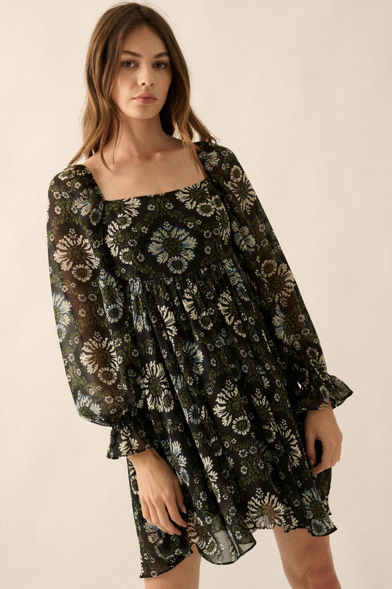 Floral Sheer Empire-Waist Mini Dress The Care Boutique Floral Sheer Empire-Waist Mini Dress The Care Boutique