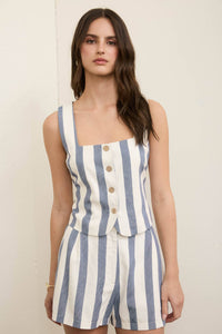 Stripe Button Down Sleeveless Linen Top in Navy