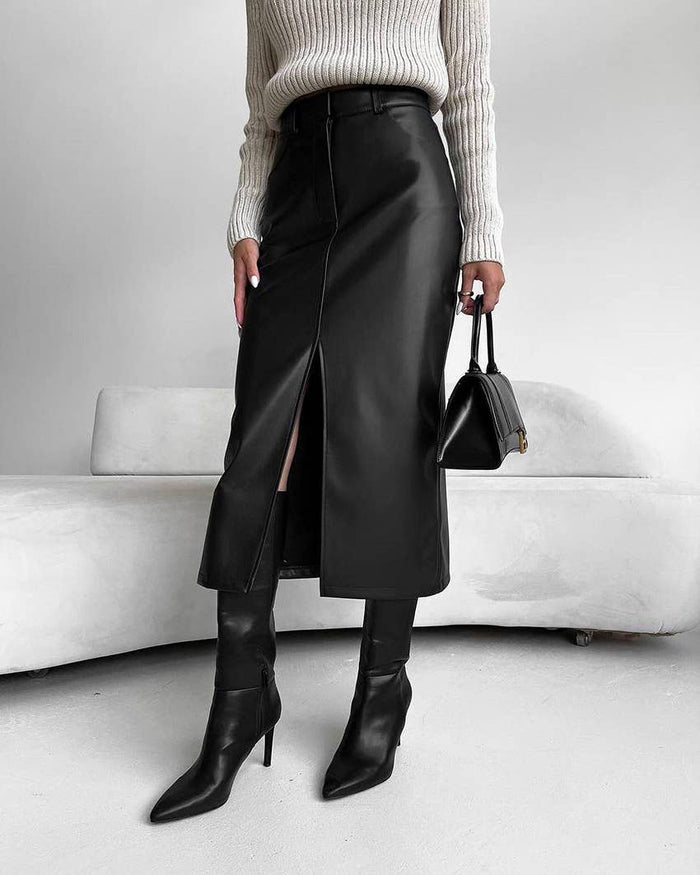 Vintage Leather Split Skirt in Black