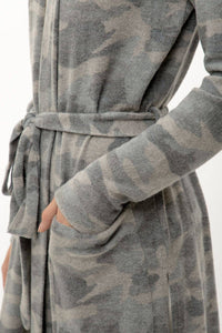 Tie-Waist Long Cardigan in Grey Camo