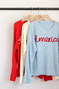 America Embroidered Sweater in Dusty Blue
