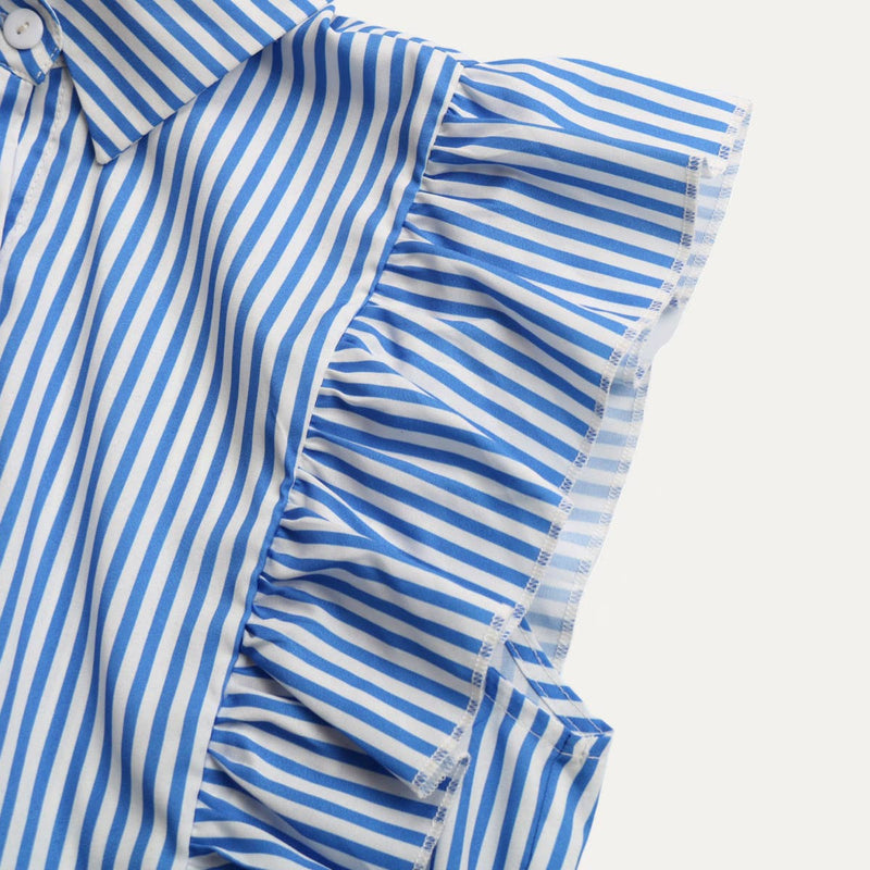 Classic Striped Short Sleeve Top in Blue with Ruffle