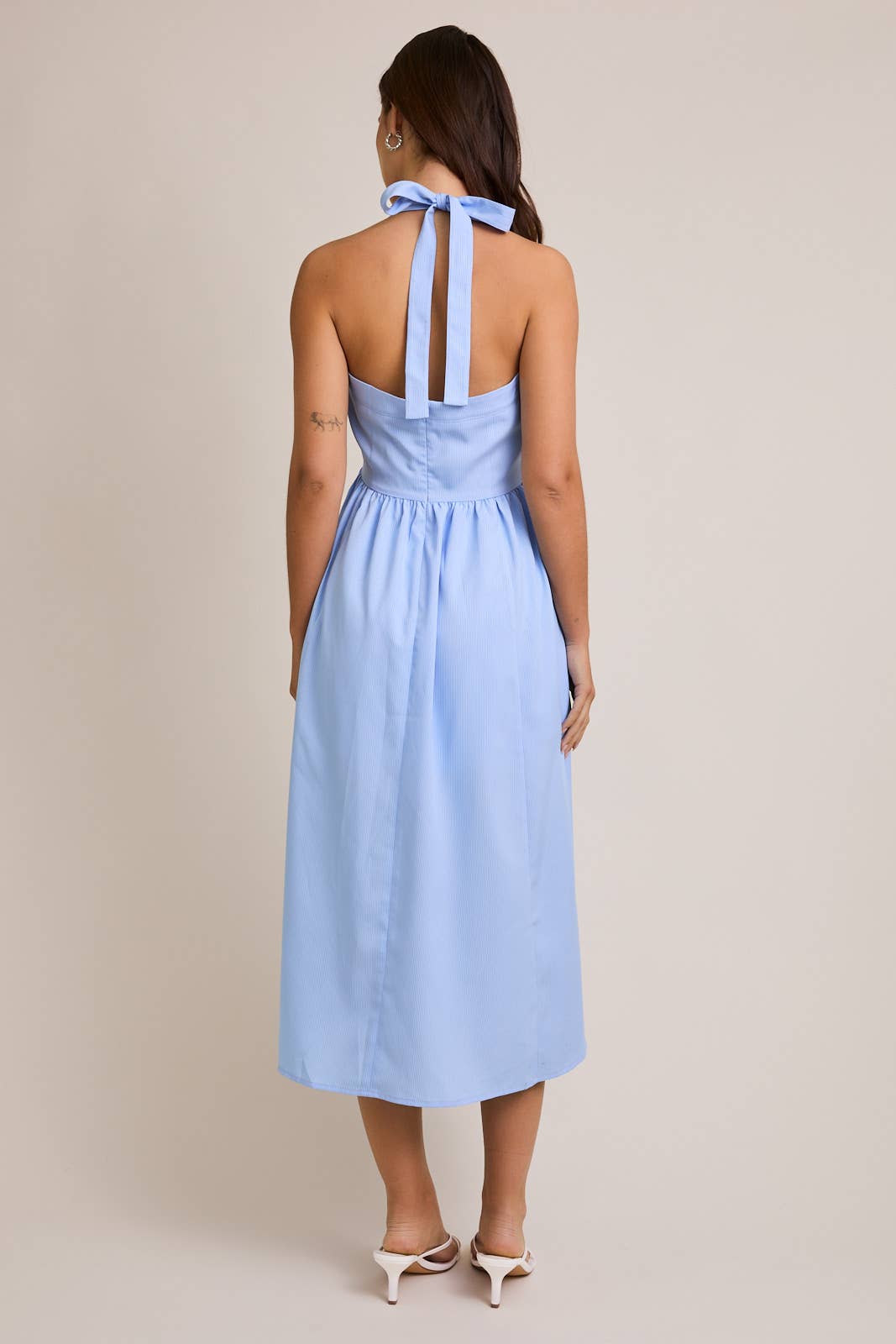 Halter Neck Midi Dress in Light Blue Stripe