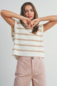 Crew Neck Striped Knit Tank Top in Ivory and Green