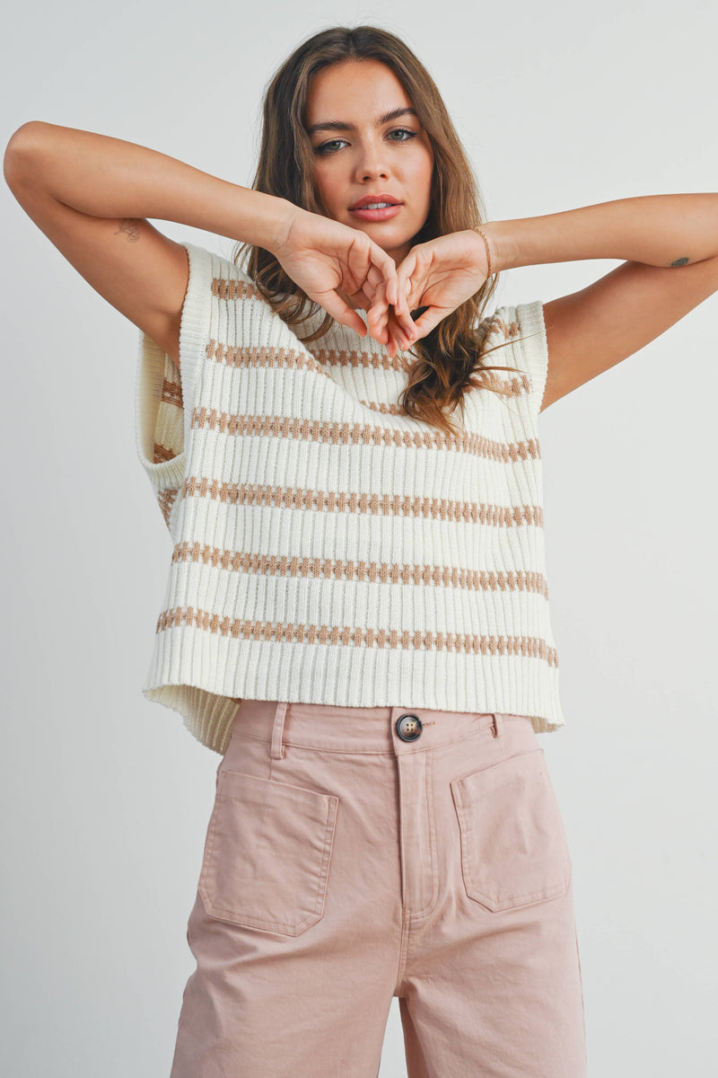Crew Neck Striped Knit Tank Top in Ivory and Green