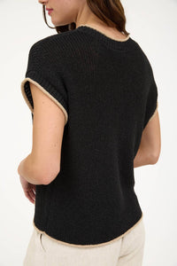 Contrast Trim Short Sleeve Pocket Detail Sweater in Black