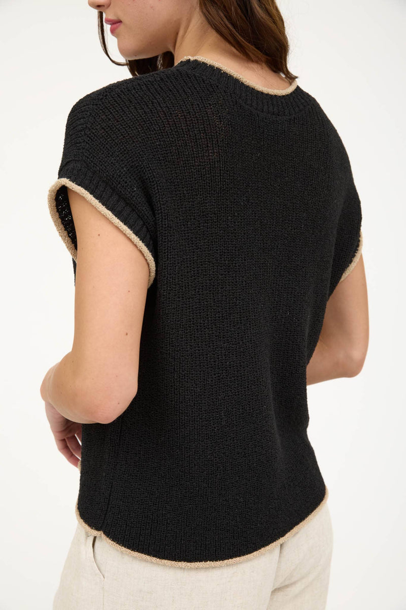 Contrast Trim Short Sleeve Pocket Detail Sweater in Black