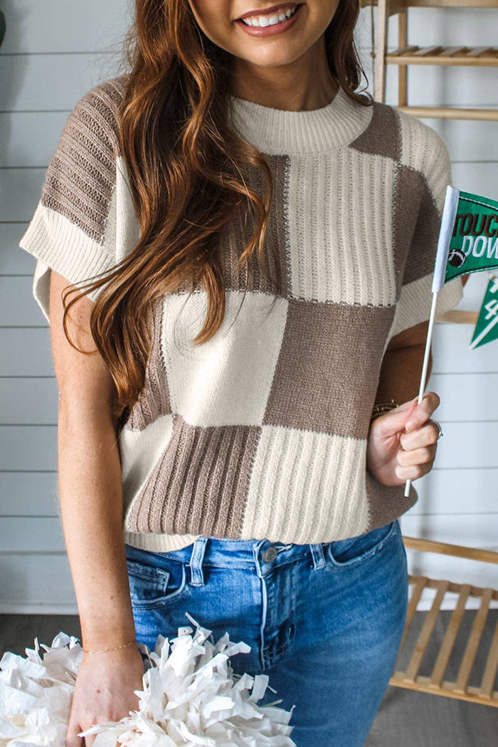 Checker Colorblock Short Sleeve Sweater in Khaki