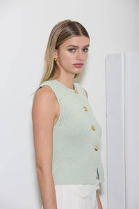 GOLD SEASHELL BUTTON DOWN KNIT CARDIGAN VEST: SAGE