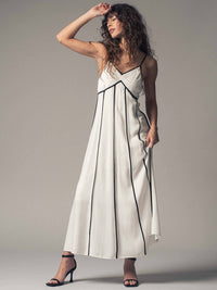 Striped White Maxi Dress with Contrast Piping in White/Black
