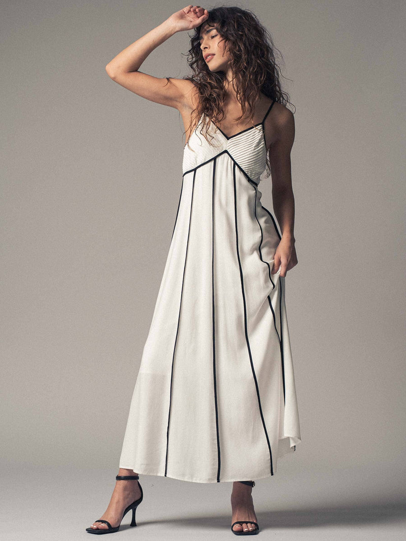 Striped White Maxi Dress with Contrast Piping in White/Black