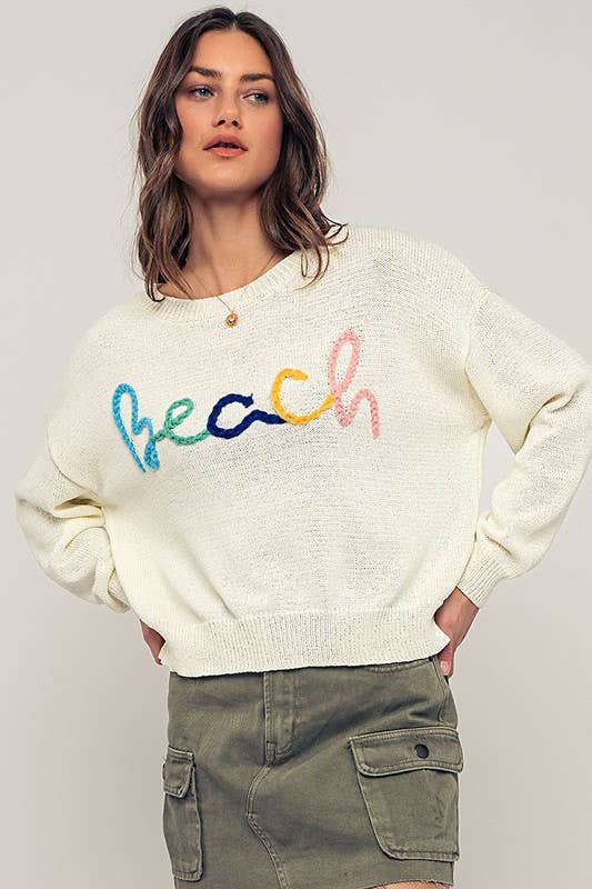 Beach Embroidered Crochet Knit Sweater in Ivory