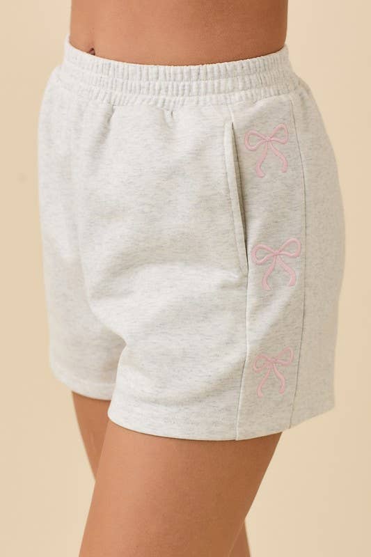 Knit Shorts With Side Ribbon Bow in Heather Grey