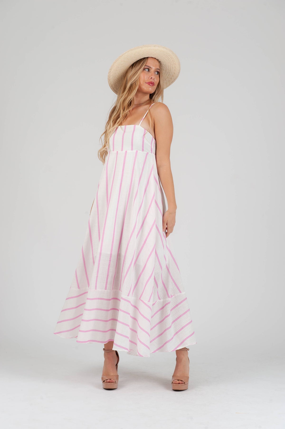 Women's Linen Pink Striped Maxi Strap Dress