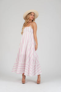 Women's Linen Pink Striped Maxi Strap Dress